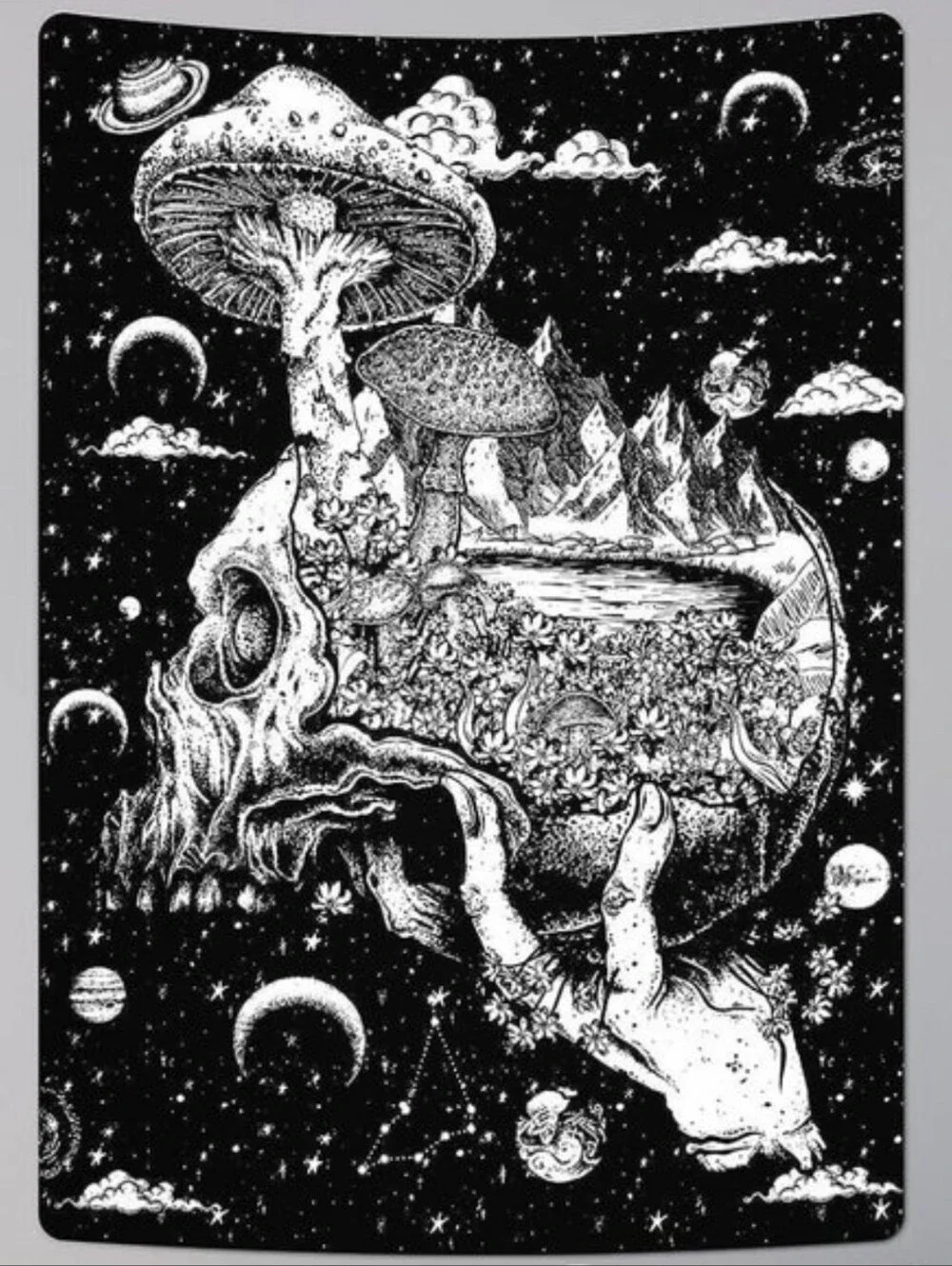 Hand Holding Skull Black White Mushroom Moon Dark Fantasy Goth Big Wall Tapestry